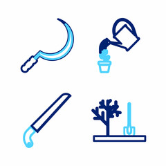 Set line Planting tree in the ground, Garden saw, Watering can and Sickle icon. Vector