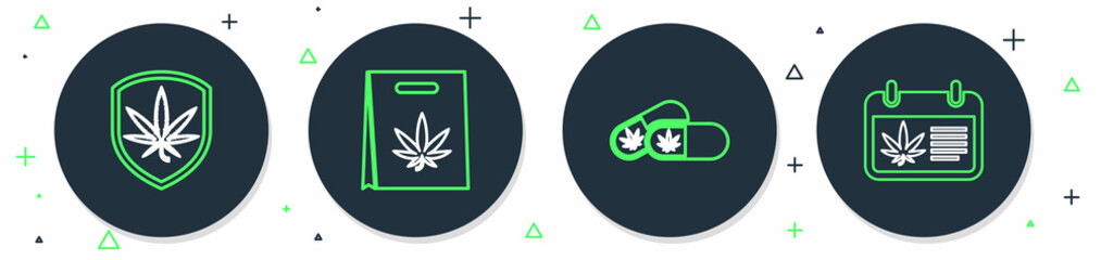 Set line Shopping bag of marijuana, Medical pills with, Shield and and Calendar icon. Vector