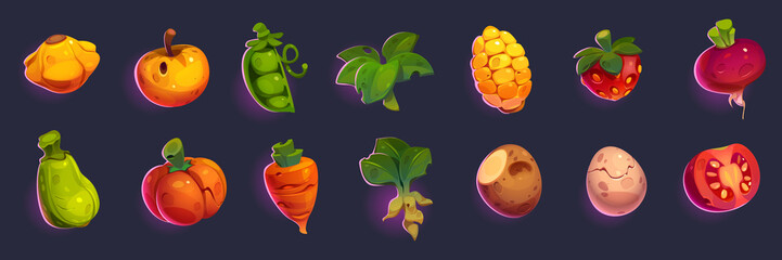 Vegetables and fruit icons. Game items of strawberry, carrot, potato, tomato, apple and egg. Vector cartoon set of farm food symbols, pumpkin, corn, ginger, spinach and peas isolated on background