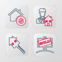 Set line Hanging sign with Sold, House key, Realtor and dollar icon. Vector