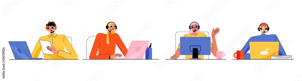 Poster customer support service operators with headset and computer. vector flat illustration of diverse pe