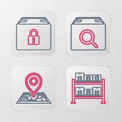 Set line Warehouse, Placeholder on map, Search package and Locked icon. Vector