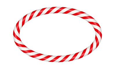 Christmas candy cane oval frame with red and white striped. Xmas border with striped candy lollipop pattern. Blank christmas and new year template. Vector illustration isolated on white background.