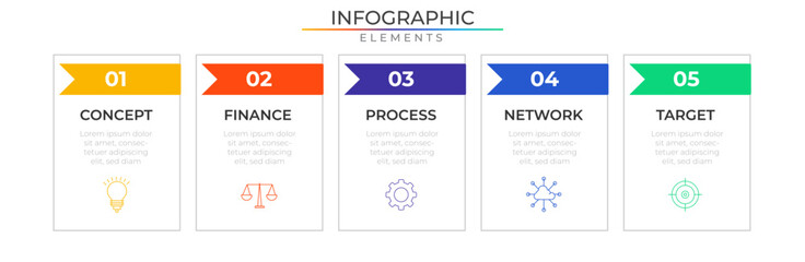 Five steps infographic elements plan concept design vector with icons. Business workflow network project template for presentation and report.	