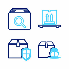 Set line Cargo ship with boxes, Delivery security shield, Cardboard on pallet and Search package icon. Vector
