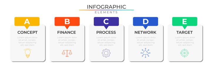 Obraz premium Rectangle business infographic elements plan concept design vector with icons. Workflow network project template for presentation and report. 
