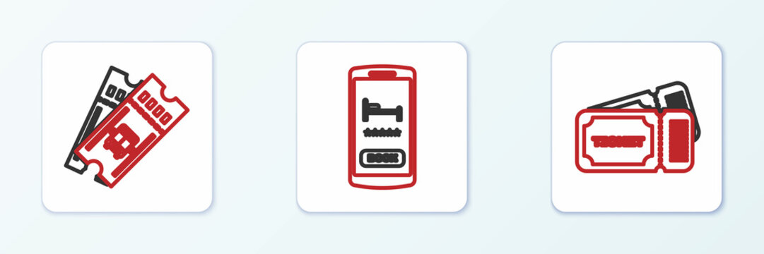 Set line Ticket, Bus ticket and Online hotel booking icon. Vector