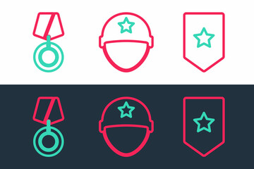 Set line Chevron, Military reward medal and helmet icon. Vector