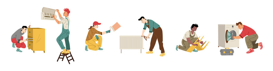 Obraz premium Repairmen, renovation and maintenance service workers. Vector flat illustration of diverse people fix broken furniture, washing machine, air conditioner, radiator and paint wall