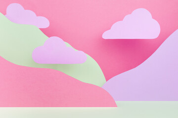 Abstract pastel colorful stage mockup - paper landscape with clouds, mountains lilac, pink, white color in cute fashion style. Template for advertising, design, presentation cosmetic produce, card.