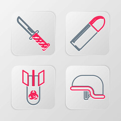 Set line Military helmet, Biohazard bomb, Bullet and knife icon. Vector