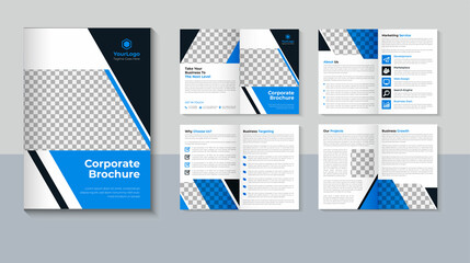 Corporate brochure design, Company profile brochure design, Business 8 page brochure template, Professional, Flyer, Blue color, layout vector