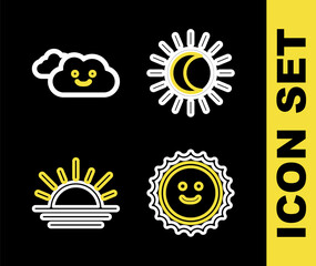 Set line Eclipse of the sun, Sun, Sunset and Cloud icon. Vector