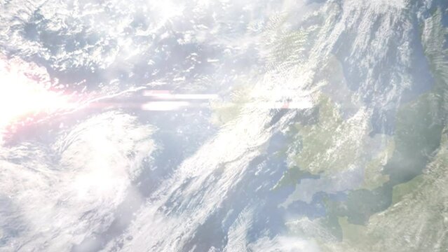 Earth zoom in from outer space to city. Zooming on Galway, Ireland. The animation continues by zoom out through clouds and atmosphere into space. Images from NASA