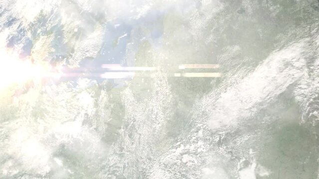 Earth zoom in from outer space to city. Zooming on Alytus, Lithuania. The animation continues by zoom out through clouds and atmosphere into space. Images from NASA