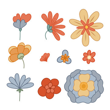 Set Of Retro Groovy Flowers. Vector Hippie Clipart With Different Flowers Isolated From Background. Floral Retro Image