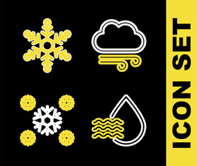 Set line Windy weather, Water drop percentage, Snow and Snowflake icon. Vector