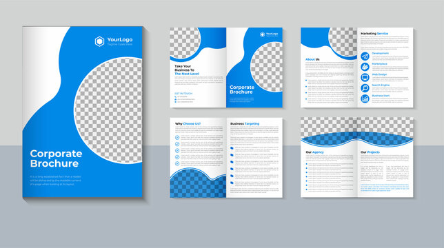 Corporate brochure design, Company profile brochure design, Business 8 page brochure template, Professional, Flyer, Blue color, layout vector