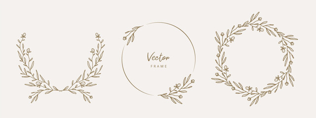 Hand drawn floral frames with flowers, branch and leaves. Wreath. Elegant logo template. Vector illustration for labels, branding business identity, wedding invitation - obrazy, fototapety, plakaty