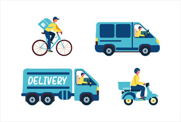 Pak delivery on different vehicles, courier on a motorcycle and on a bicycle, courier delivery by car