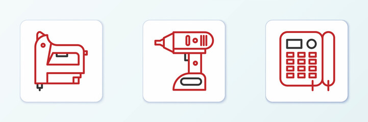 Set line Telephone, Electric construction stapler and cordless screwdriver icon. Vector
