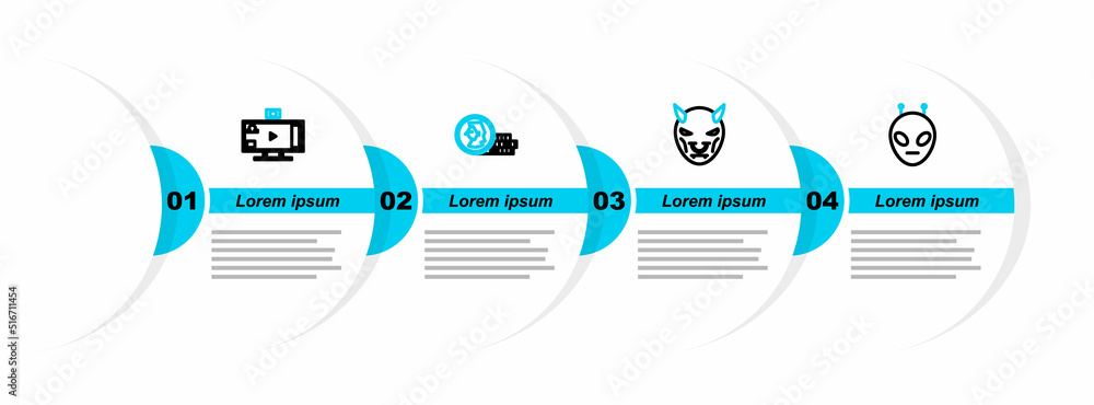 Poster set line alien, mask of the devil with horns, coin for game and live streaming online icon. vector