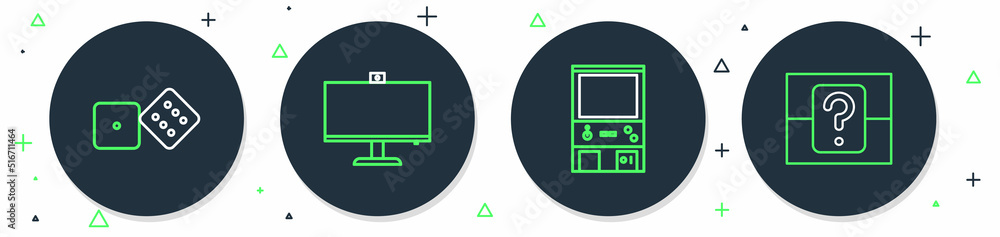 Poster set line computer monitor, retro arcade game machine, game dice and mystery random box icon. vector