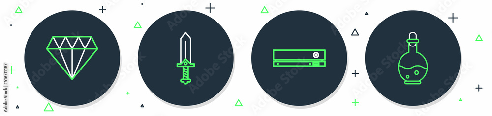 Poster set line sword for game, video console, diamond and bottle with magic elixir icon. vector