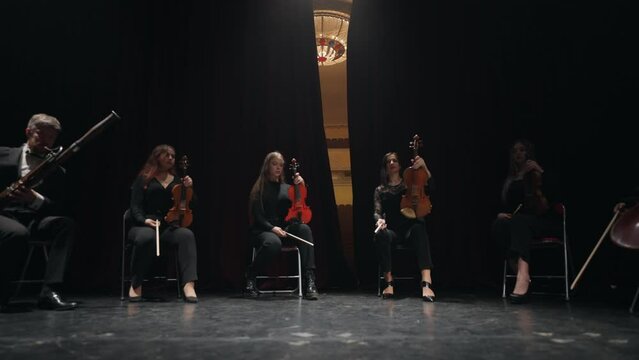 musical ensemble of string and wind instrument on scene of old opera house, curtain is opening