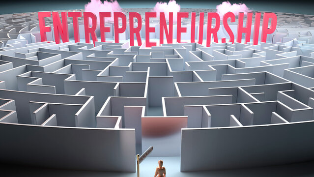Entrepreneurship and a challenging path that leads to it - confusion and frustration in seeking it, complicated journey to Entrepreneurship,3d illustration