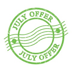 JULY OFFER, text written on green postal stamp.