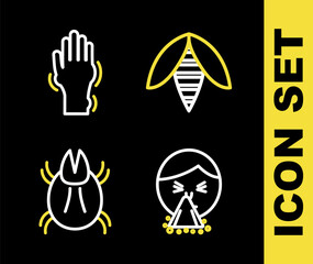 Set line Bee, Handkerchief to his runny nose, Parasite mite and with psoriasis or eczema icon. Vector