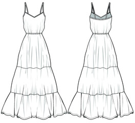 strappy flared maxi tiered dress Front and Back View. Fashion Illustration, Vector, CAD, Technical Drawing, Flat Drawing.