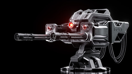 3D illustration of industrial sci fi futuristic military turret machine gun weapon. Minigun machinery with red glowing laser eye and metallic shiny material in dramatic elegant robotic steel style