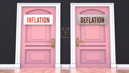 Inflation or Deflation - making decision by choosing either one option. Two alaternatives shown as doors leading to different outcomes.,3d illustration