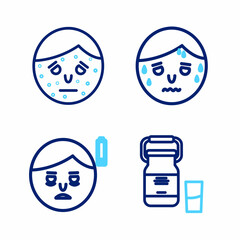Set line Can container for milk, Fatigue, Man with excessive sweating and Face psoriasis eczema icon. Vector