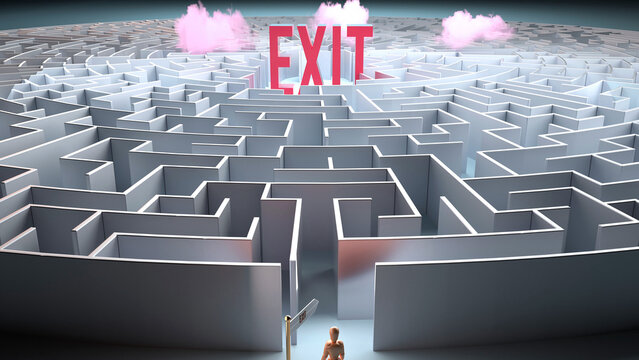 Exit and a challenging path that leads to it - confusion and frustration in seeking it, complicated journey to Exit,3d illustration