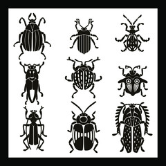 Fototapeta premium Set beetles are black on a white background. The Outline Of An Insect-Beetle. Beetles in a black fill outline on a white background. 