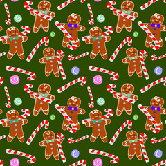 Christmas gingerbread seamless pattern. Ginger cookies on a green background dancing with lollipops. Vector illustration. Cute Christmas background for wallpaper, gift paper, pattern filling, textiles