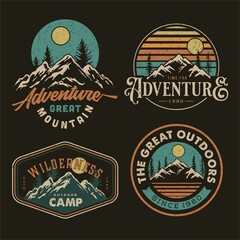 Fototapeta set collection of vintage adventure badge. Camping emblem logo with mountain illustration in retro hipster style. obraz