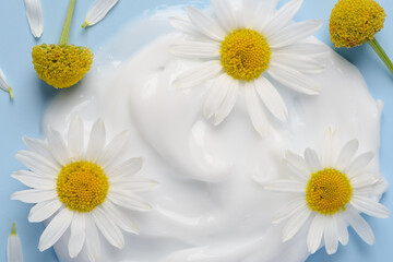 White cosmetic cream with chamomile flowers and petals closeup on blue background top view