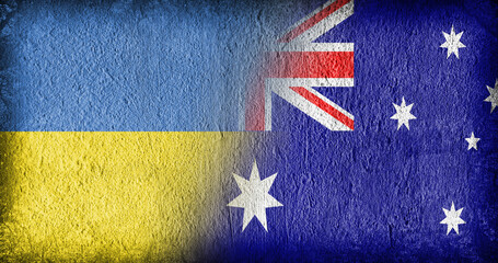 Ukrainian and Australian flag on concrete