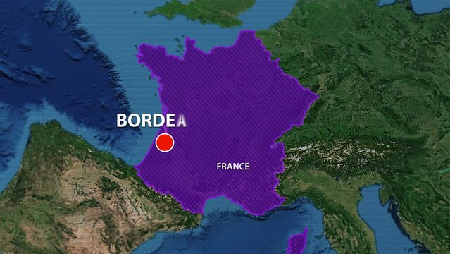 Designation of the borders of France on the map and the mark of the location of the city of Bordeaux