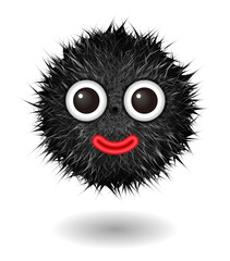 Hairy monster with black fluffy hair. Vector cute furry ball character.