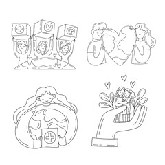 Charity hand drawn outline flat illustration set in doodle style. A group of people with humanitarian help, love the Earth and care about people. Humanitarian day.