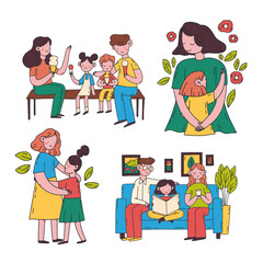 Pretty young family set. Hand drawn vector flat illustrations. Family spend time together minimal colorful drawing.