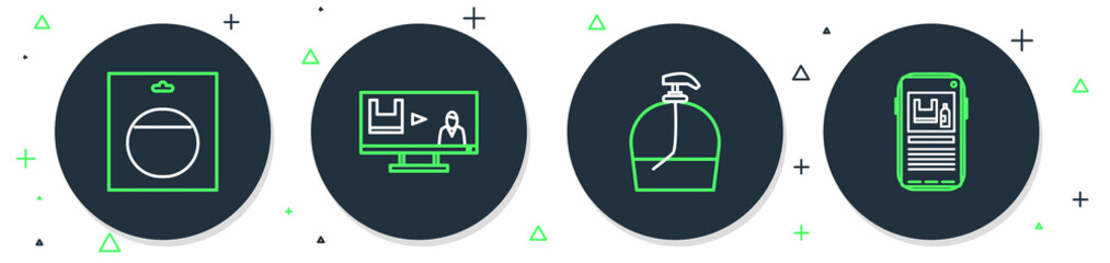 Set line Stop plastic pollution, Bottle of liquid soap, Battery in pack and icon. Vector