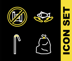 Set line Fish care, Garbage bag, Drinking plastic straw and Say no to bags poster icon. Vector