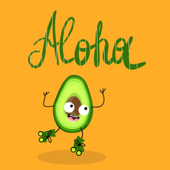 Vector illustration character, cartoon cheerful avocado rides on roller skates, Aloha lettering. Summer mood, funny fruits, organic. Childish concept.