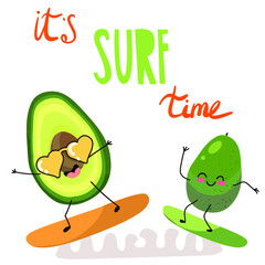 Vector illustration character, cartoon avocado surf. Lettering It's surf time. Summer, summer mood, fruits, organic. Childish design.